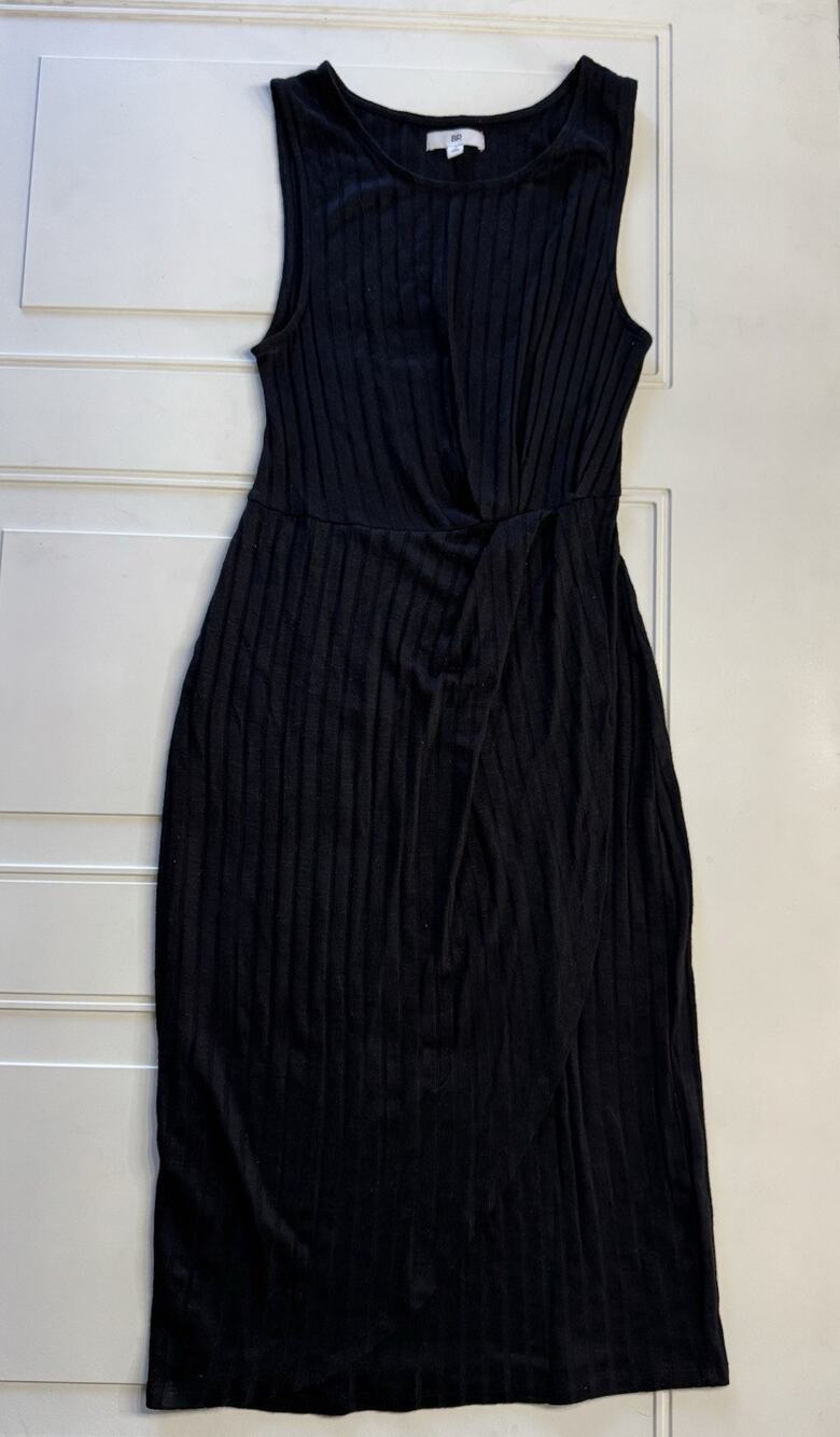 Nordstrom BP Womens Sz S Sleeveless Ribbed Knit Tank Ruched Black Wrap Dress